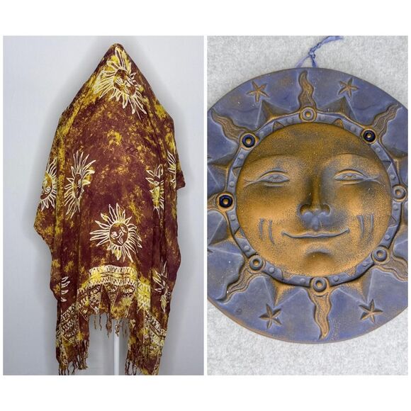 Vintage 90’s Whimsigoth Celestial Sun Clay Wall Hanging and Scarf - Picture 1 of 8